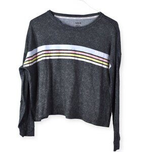 Hurley Shirt L Womens Gray Striped Crop Top Long Sleeve Polyester Blend Crew